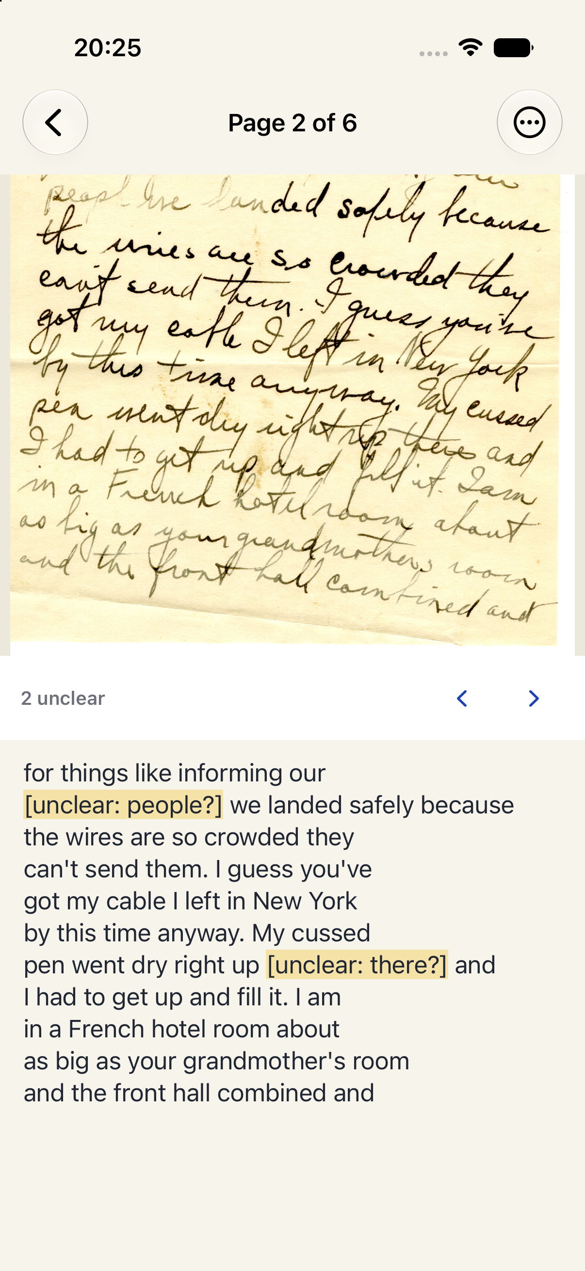 The Uncursive page editor: a photographed handwritten letter from 1918 in the upper pane, its typed text below, with two words highlighted on a marker background as unclear — people? and there?