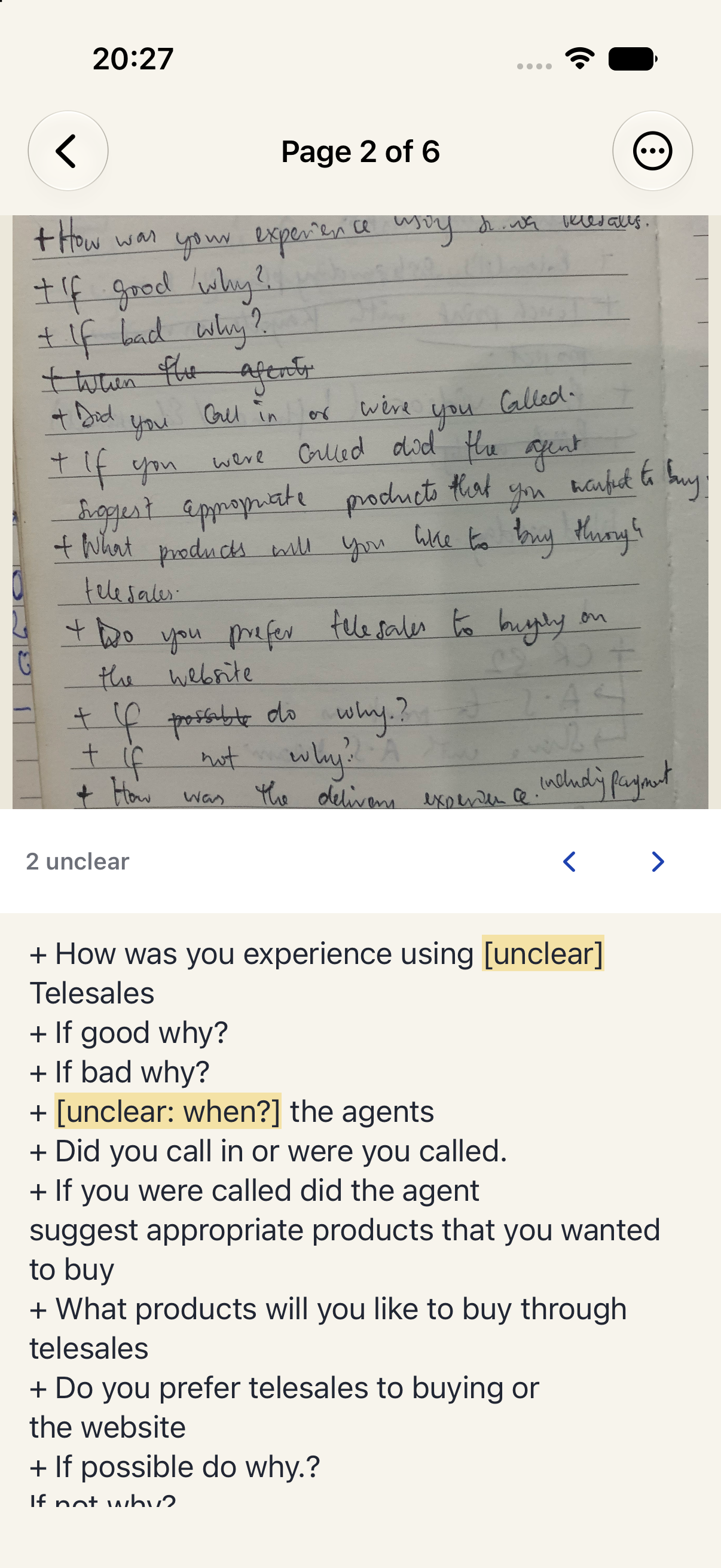 The Uncursive page editor reading an ordinary lined notebook of ballpoint meeting notes, with the typed text below and an unclear word highlighted.